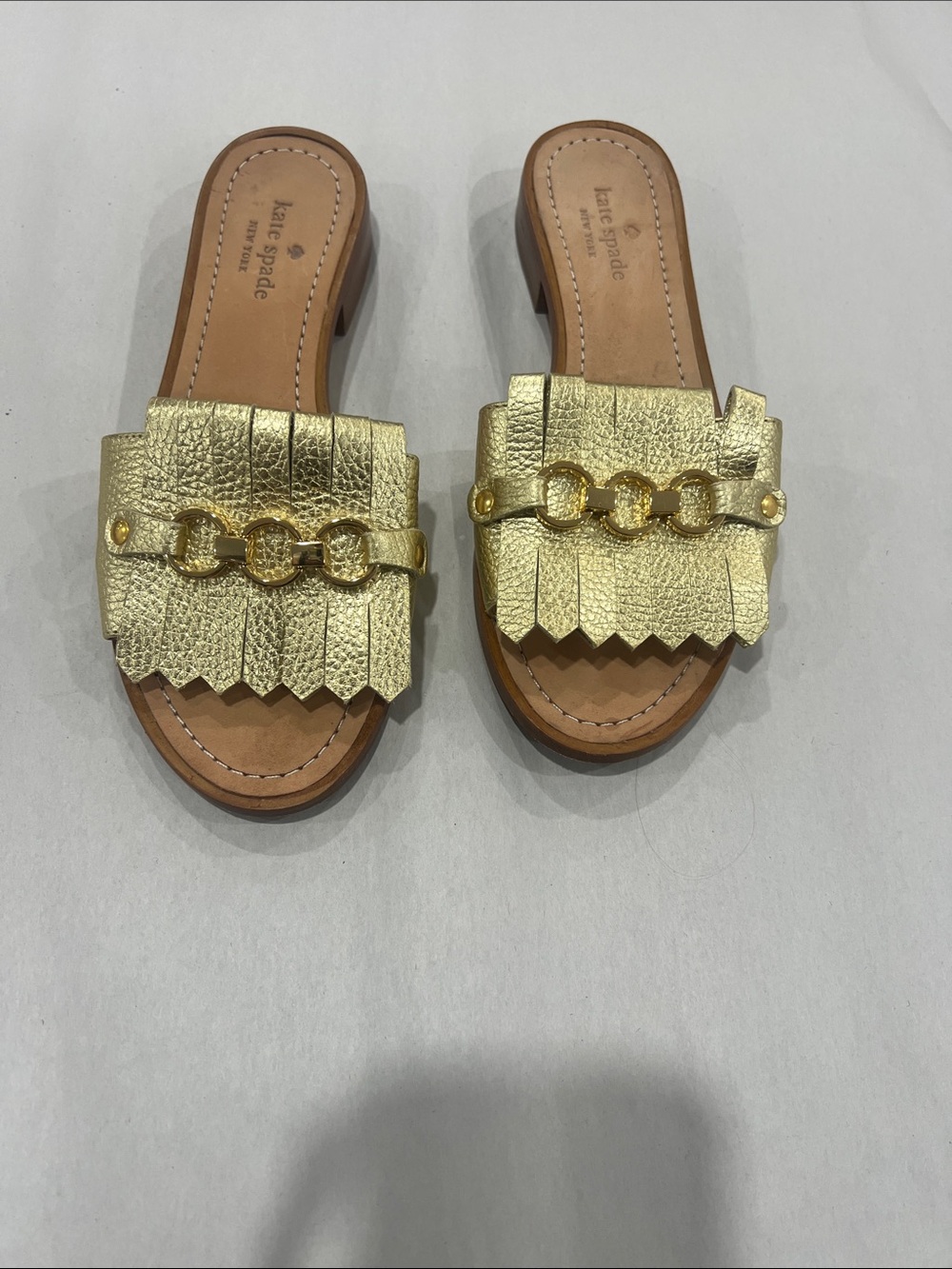 kate spade Gold Leather Fringe Chain Detail Slide Mules
